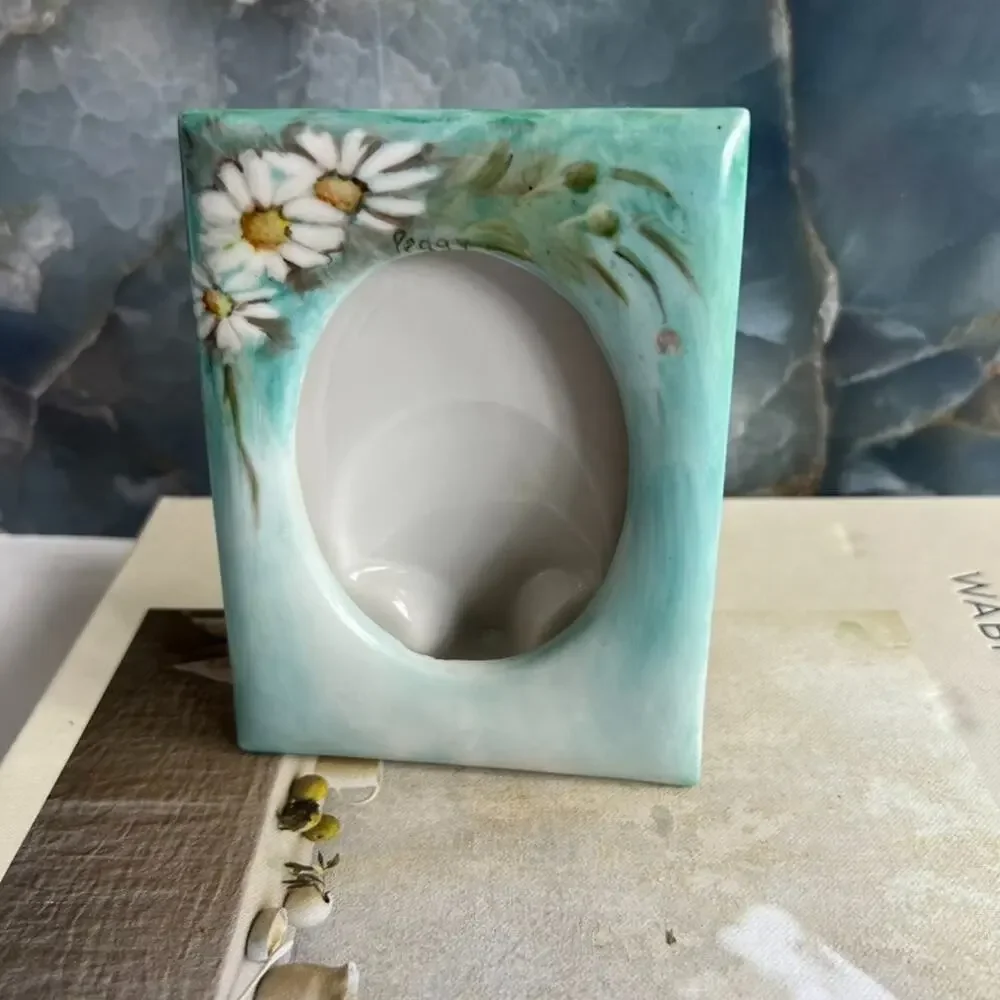 Vintage Terragraphic Ceramic Picture Photo Frame HandPainted Daisy Signed Peggy